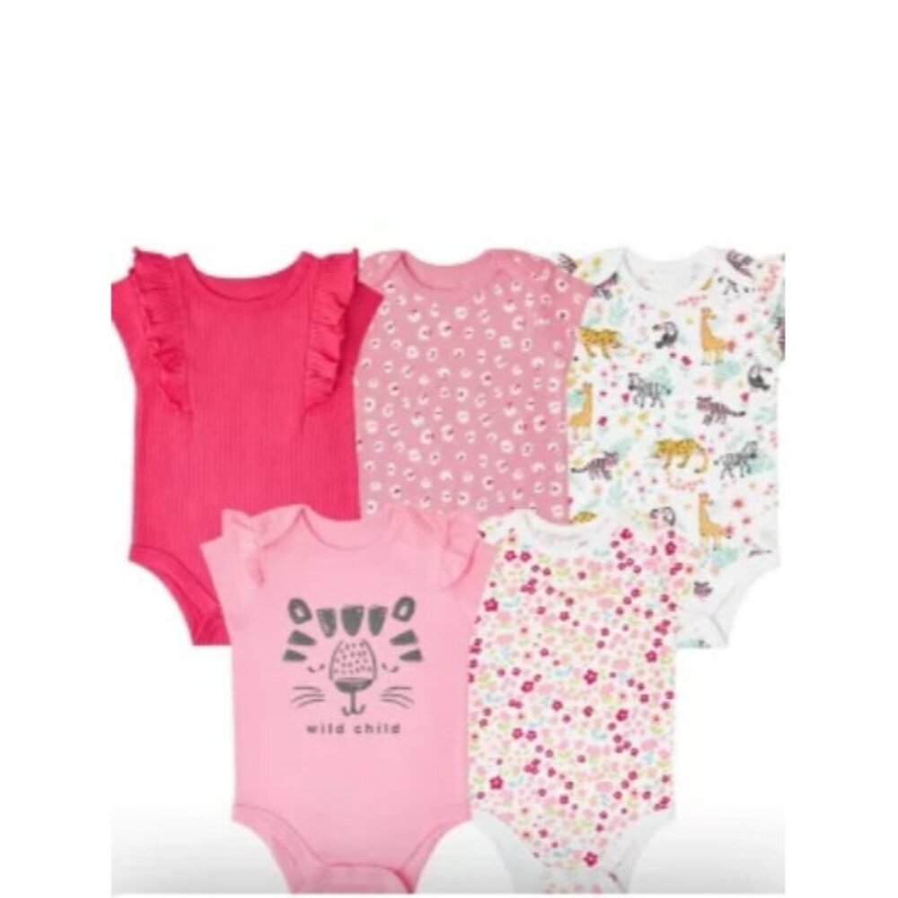 Members Mark Baby Girls 12 Months 5 Pack Animal Print/Floral Bodysuits Pink 2275